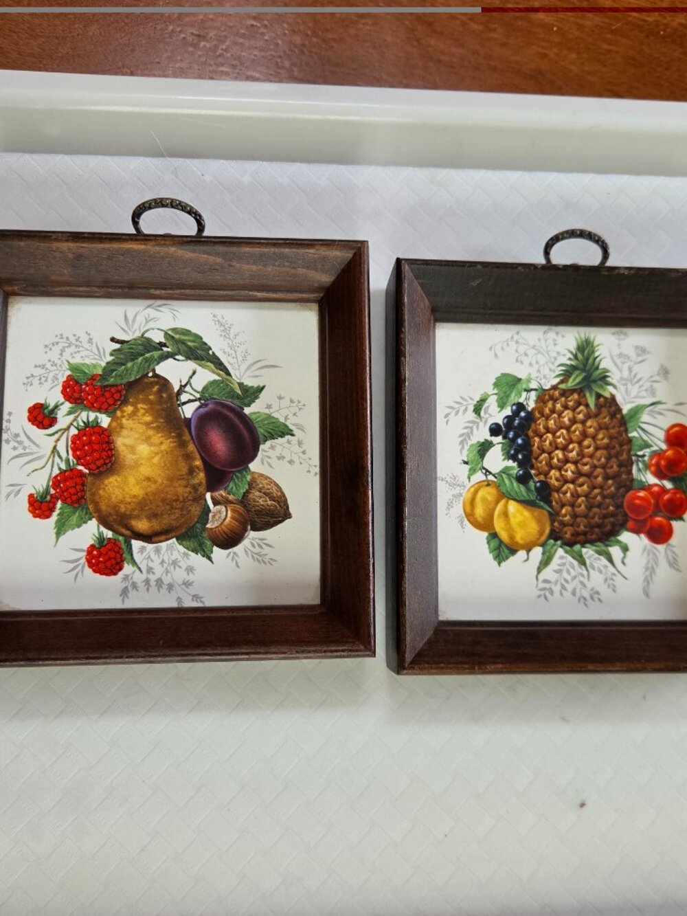 vintage painted ceramic tile wooden fruit framed wall hangings